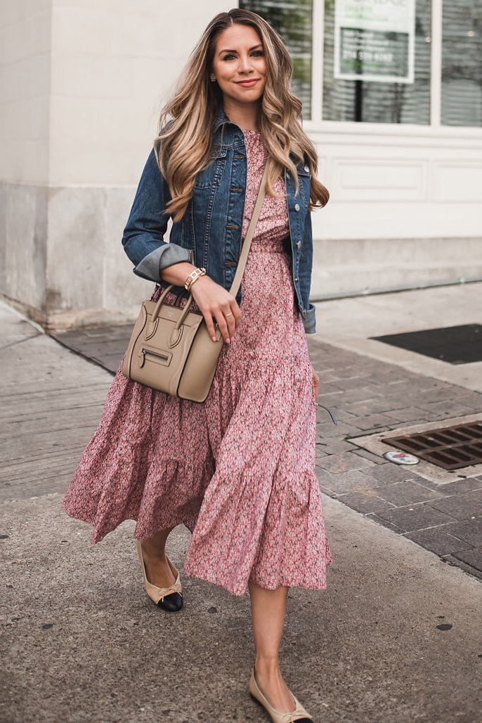 gown with denim jacket