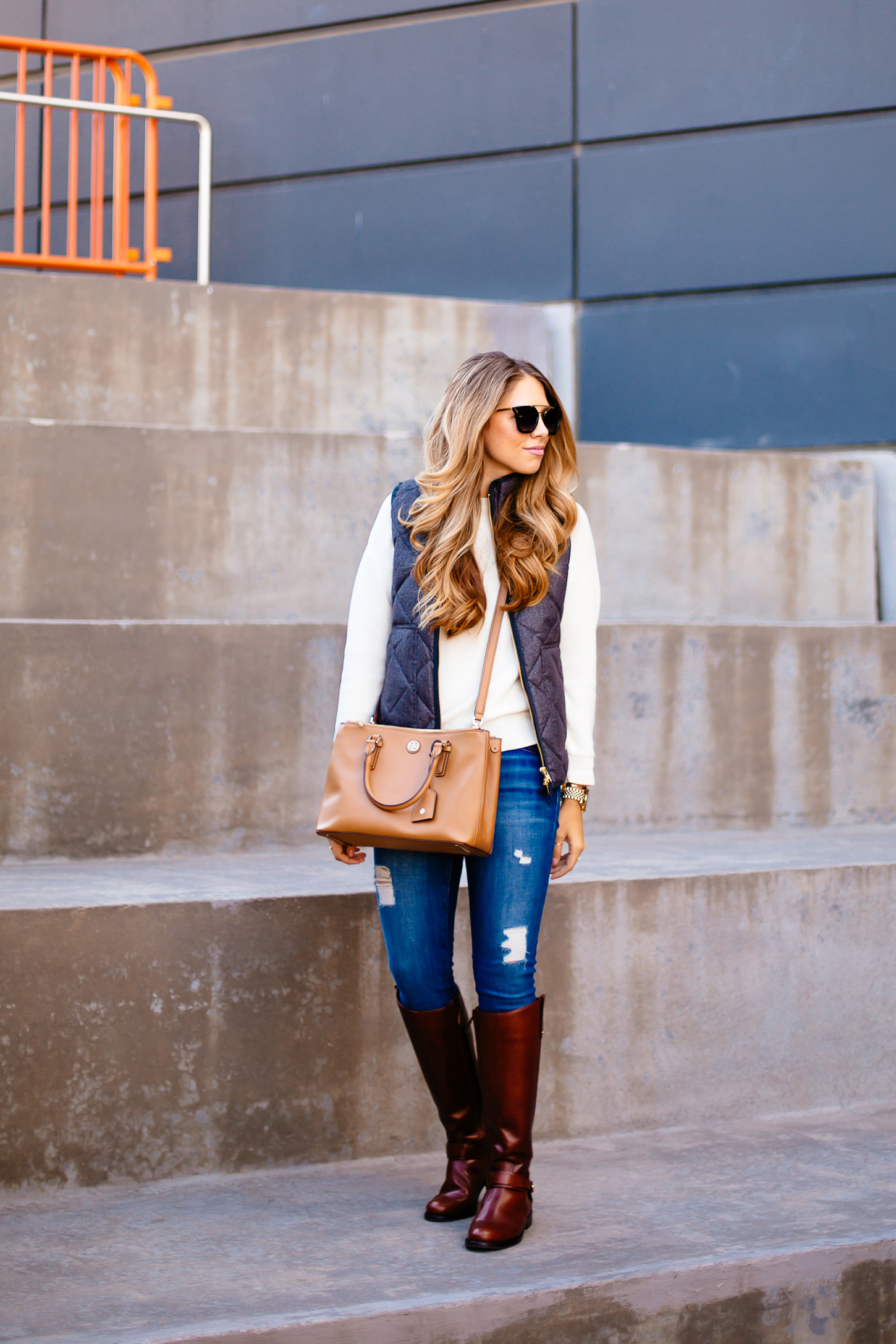 Petite Fashion and Style Blog, J.Crew Andover Peacoat, J.Crew Perfect  Shirt in Navy Plaid, Tory Burch Riding Boots