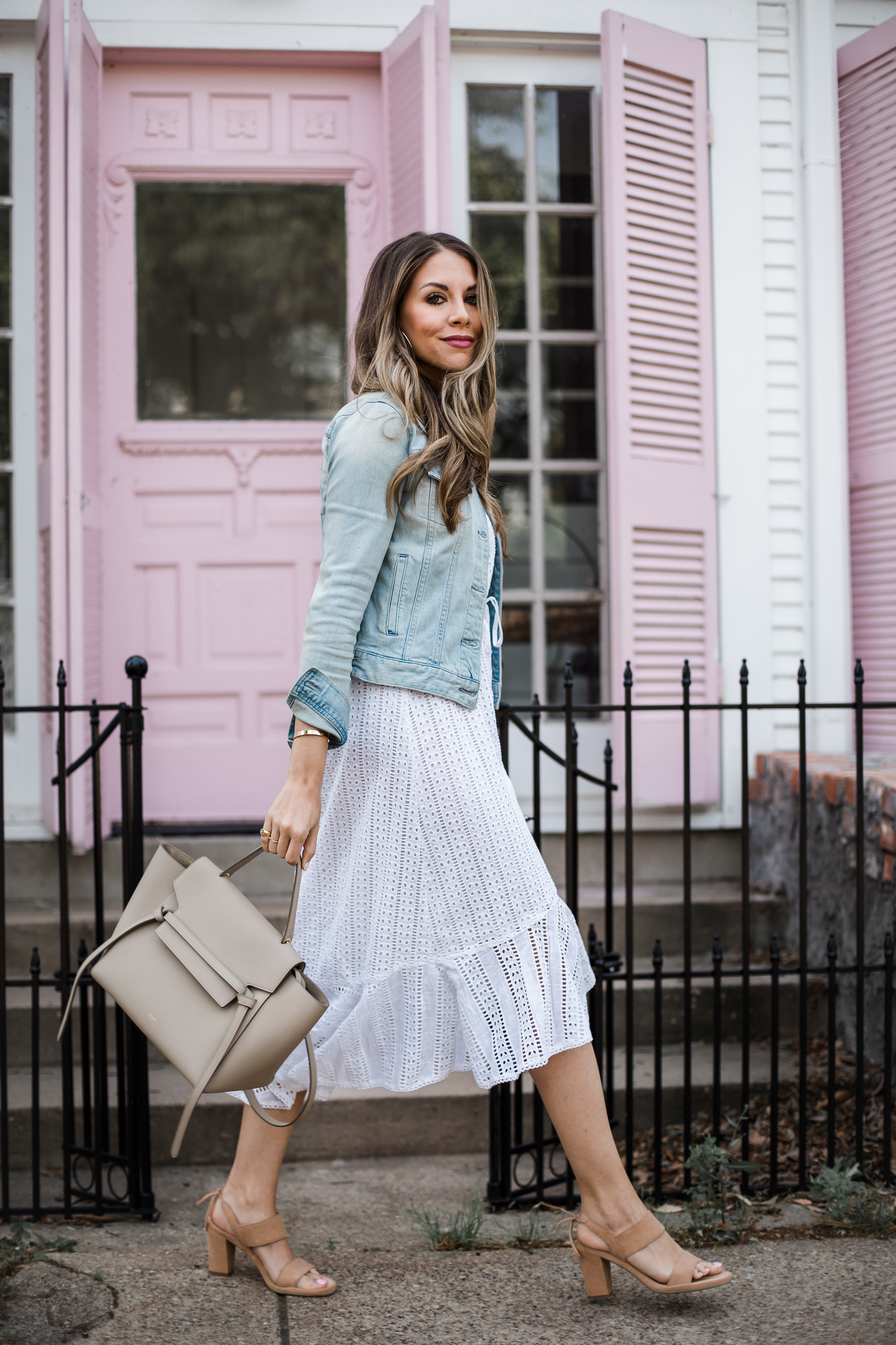 white dress and denim jacket outfit