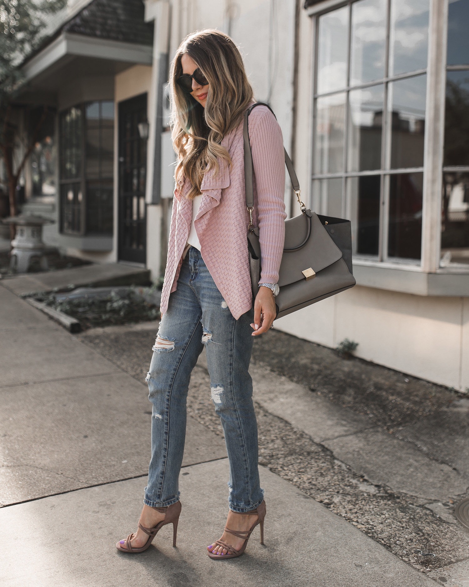 lilac cardigan outfit