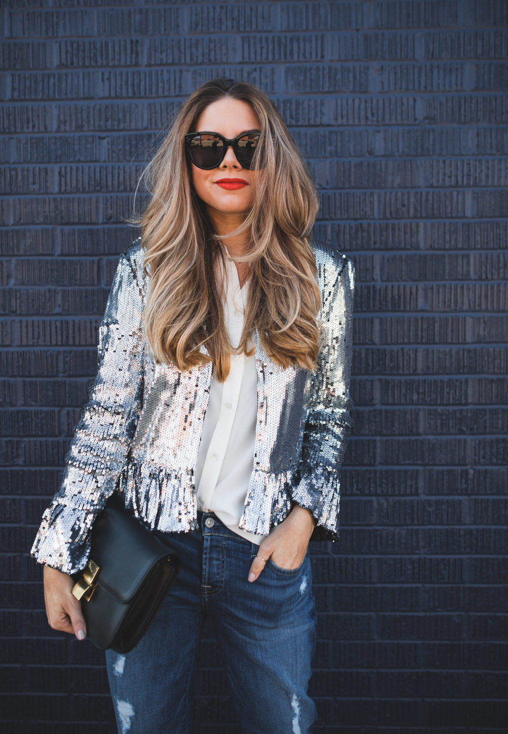 denim and sparkle outfit